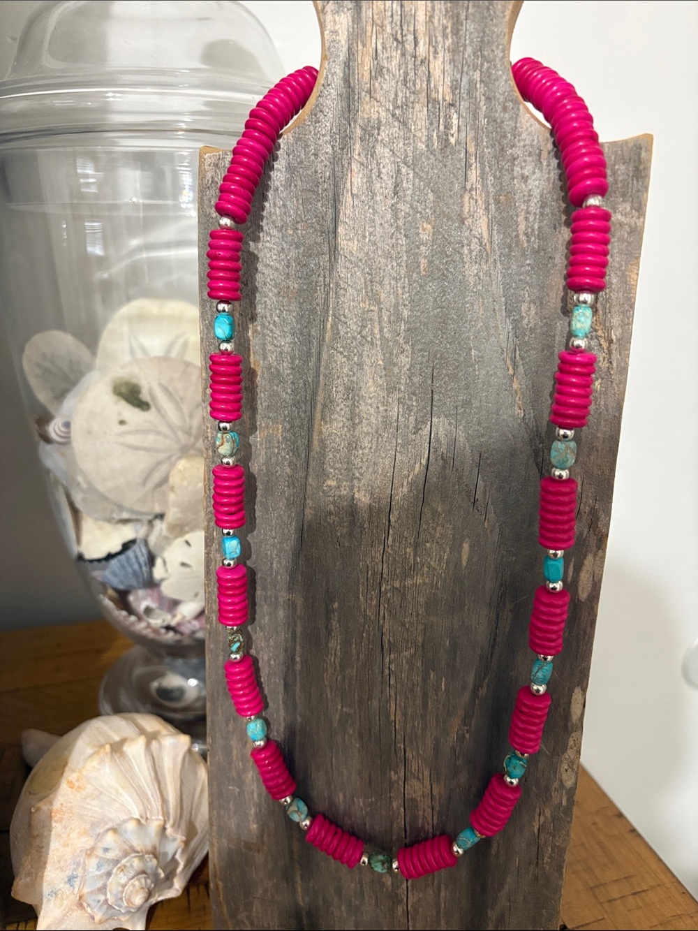 Fuchsia Beaded Necklace with Turquoise Accent Beads - Women Jewelry